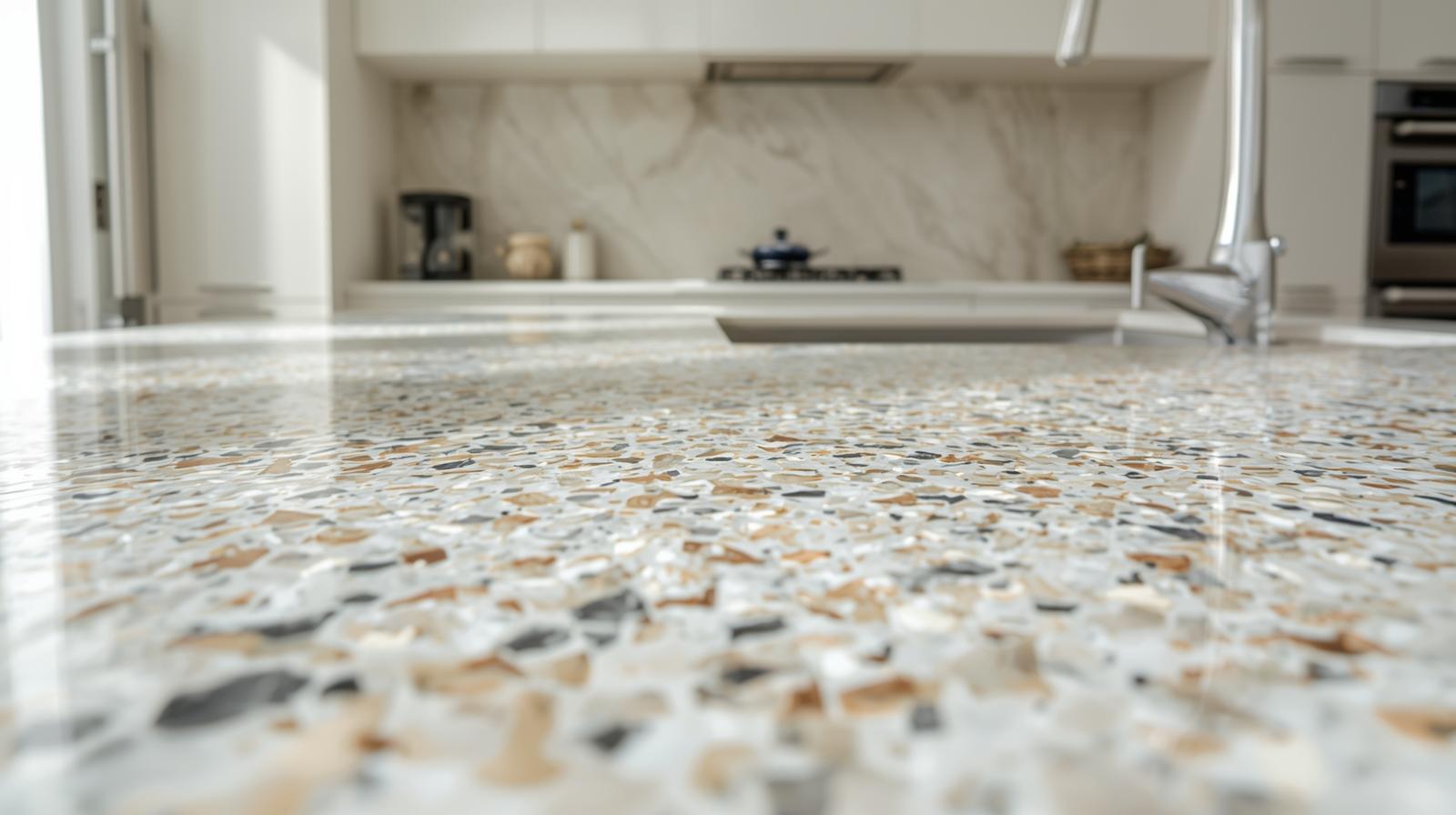 Terrazzo i moderna kök och bänkskivor